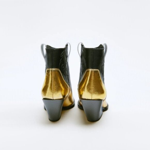 NWT Zara black & shiny gold faux leather cowboy ankle boot w/ black stitching - Picture 8 of 15